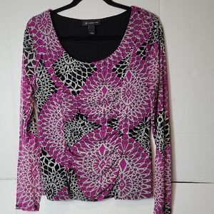 INC International Concepts Purple Black White Floral Mosaic Long-Sleeve Top